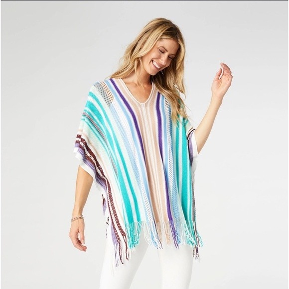 Coco + Carmen Sweaters - Coco‎ + Carmen Woman's Poncho One Size  Brown Teal Striped  Swim Cover Up Beachy
